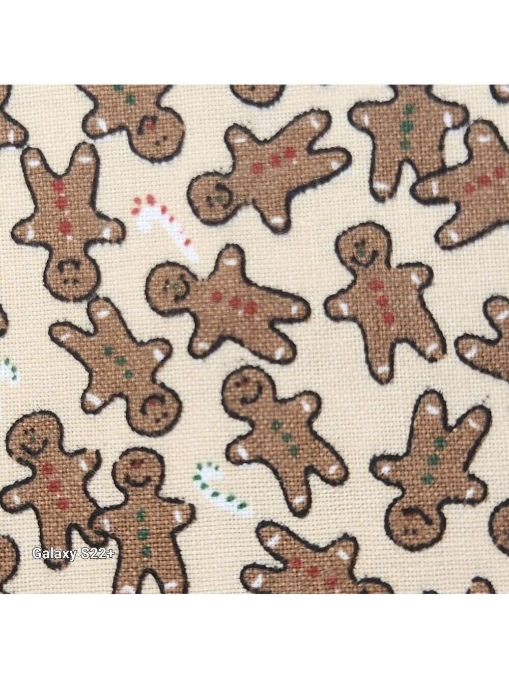 Gingerbread Man Candy Cane Christmas Holiday Printed Fabric Beige Brown Red Gree